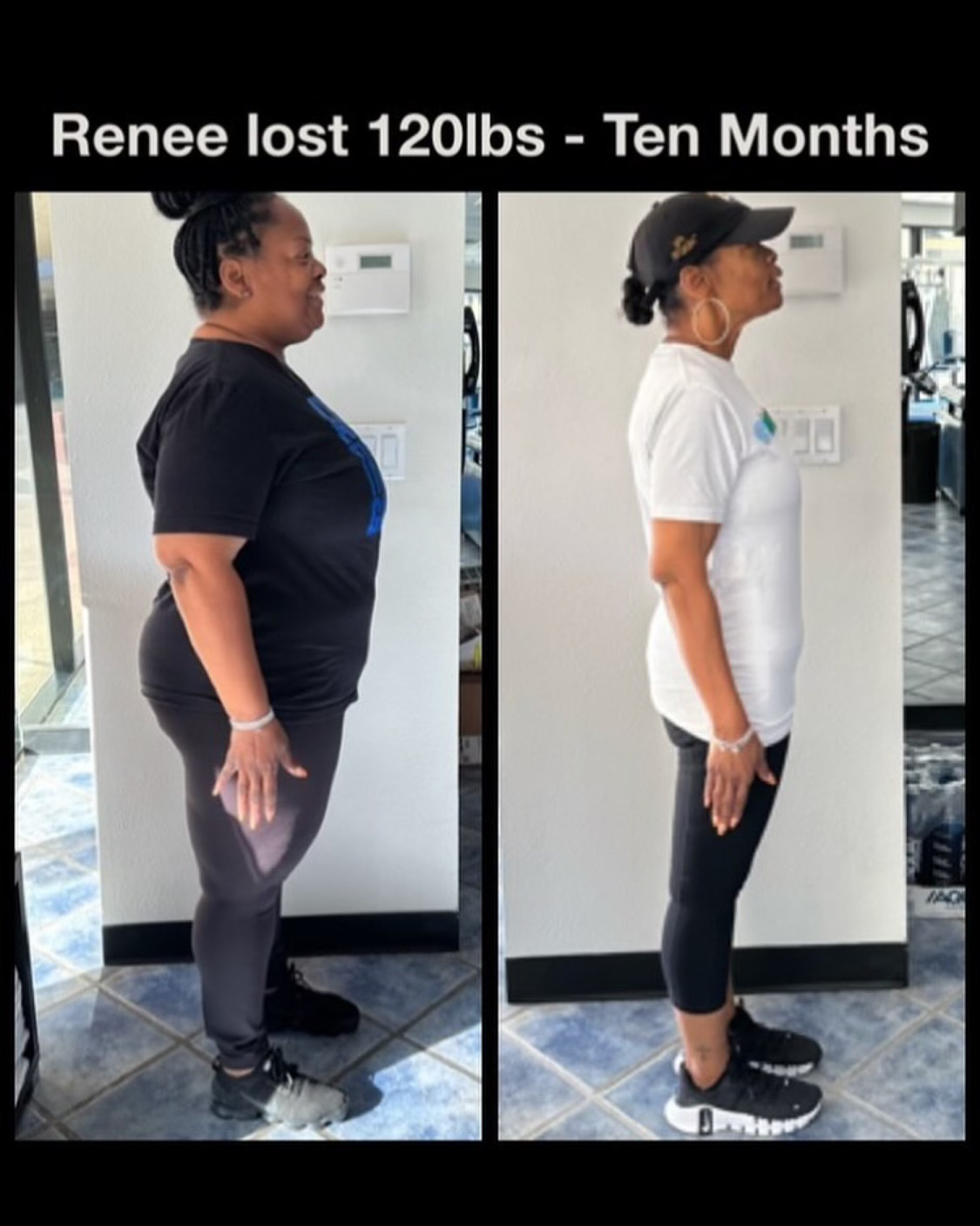 Renee's transformation showcasing a side-by-side comparison before and after losing 120 pounds in ten months, highlighting her progress through structured training and nutrition at The Compound Gym.