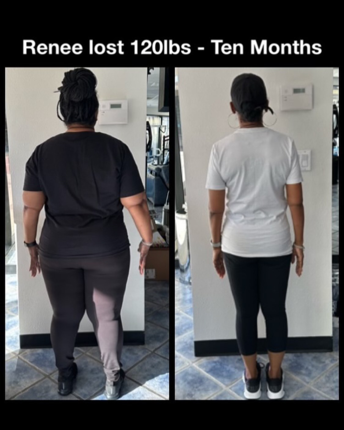 Renee's transformation showing weight loss of 120 pounds over ten months, before and after comparison, showcasing progress in fitness and health.