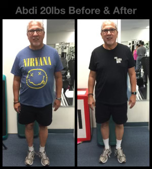 Abdi's fitness transformation showcasing a 20-pound weight loss, before and after images side by side, highlighting personal progress at The Compound Gym.