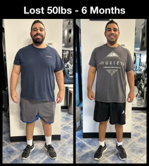 Man showing before-and-after transformation, lost 50 pounds in 6 months, standing in a gym setting, wearing athletic clothing, smiling, with a motivational message above.