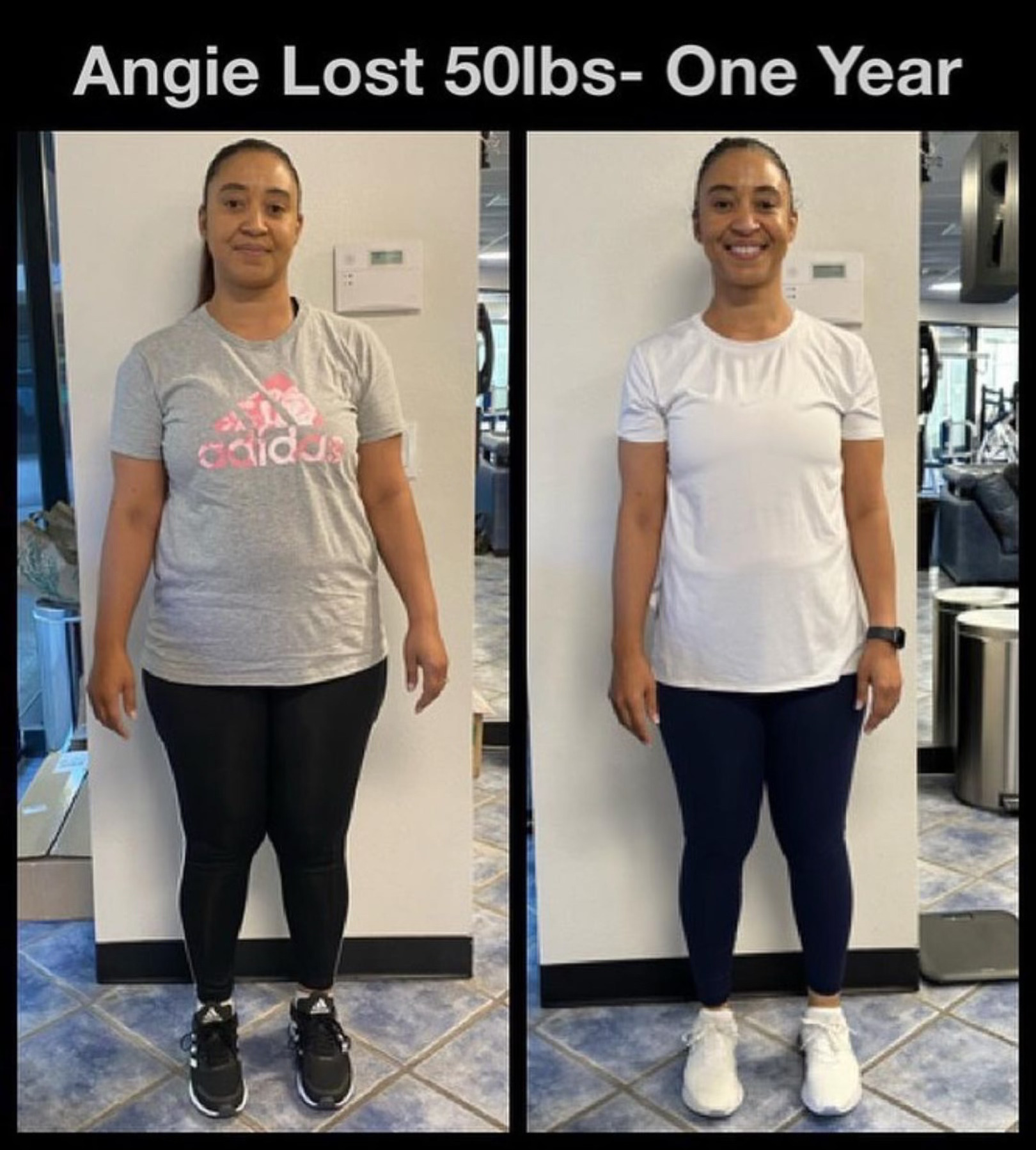 Angie showcasing her transformation, lost 50 pounds in one year, before and after photos highlighting her fitness journey at The Compound Gym.