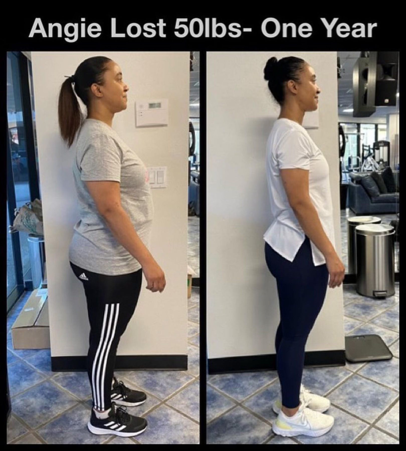 Angie’s side-by-side transformation photo showcasing a 50-pound weight loss over one year, highlighting her progress from deconditioned to fit, in a gym setting with fitness equipment in the background.