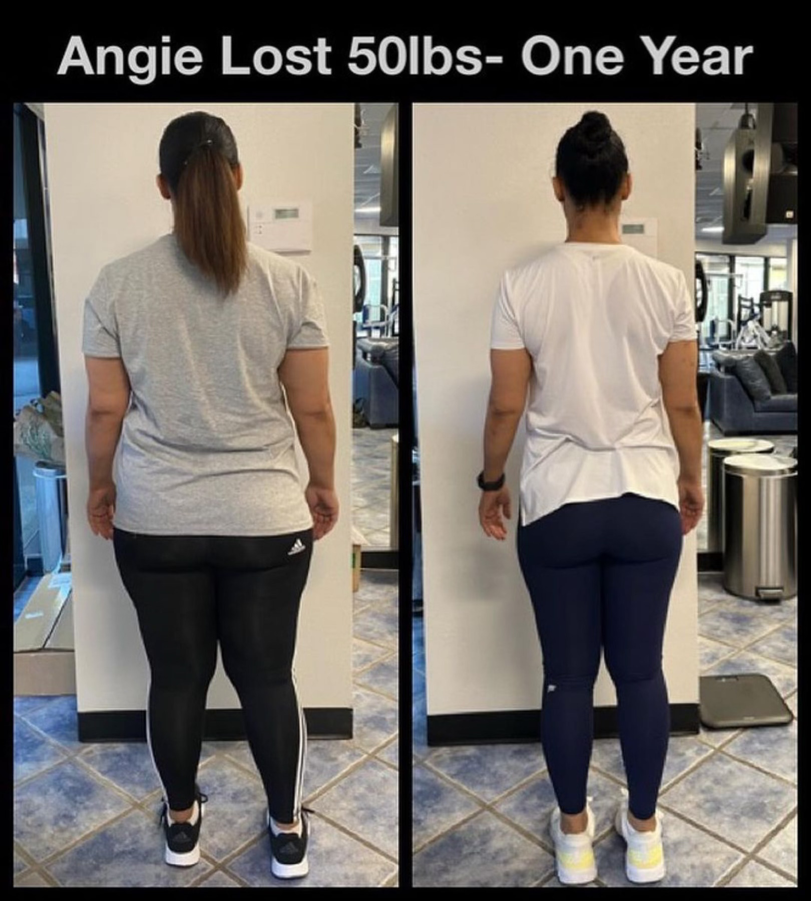 Angie before and after transformation, lost 50 pounds in one year, showcasing progress in fitness and body composition at The Compound Gym.