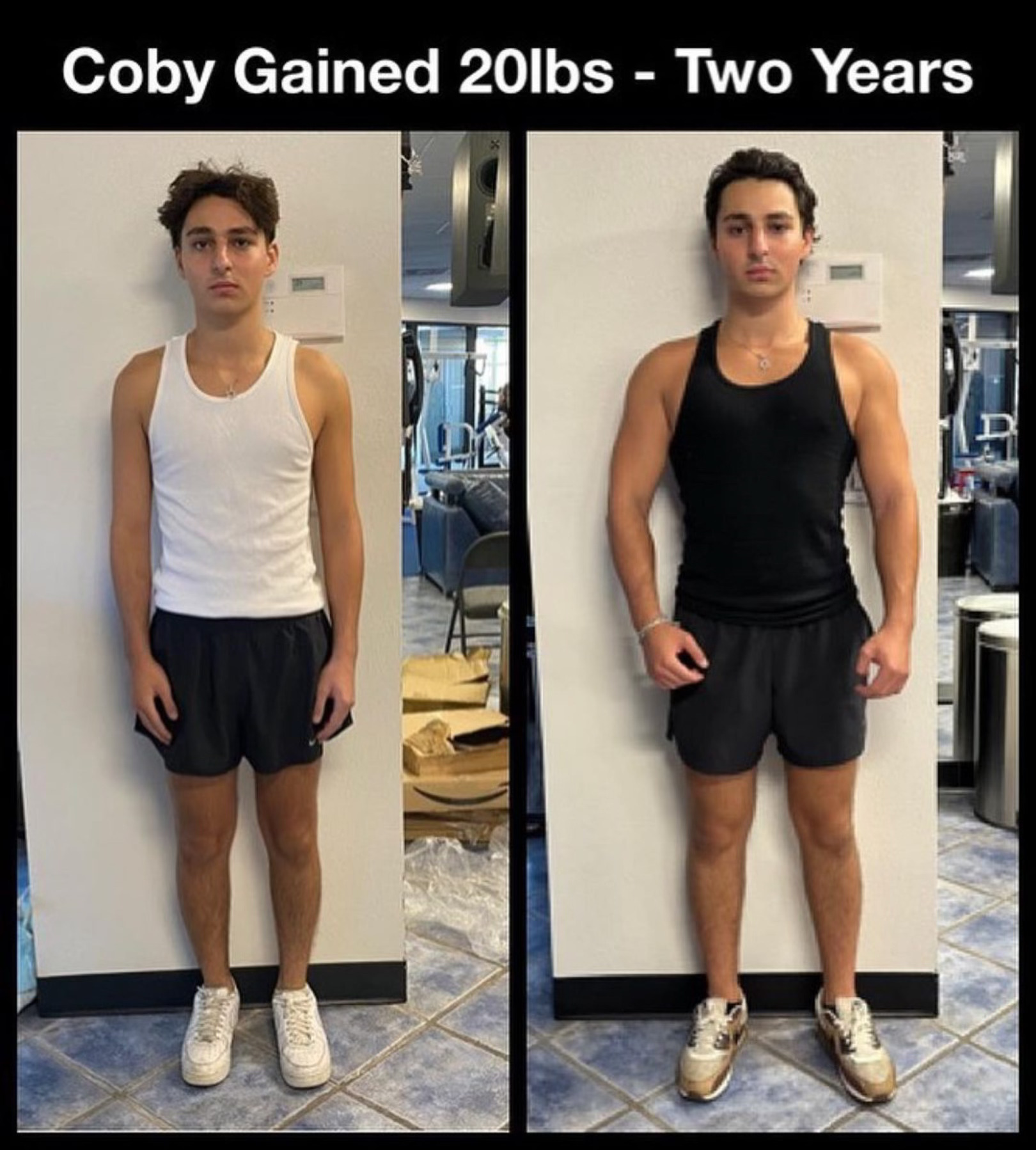 Coby's before and after transformation, gaining 20 pounds of muscle in two years, showcasing progress at The Compound Gym with personalized training.