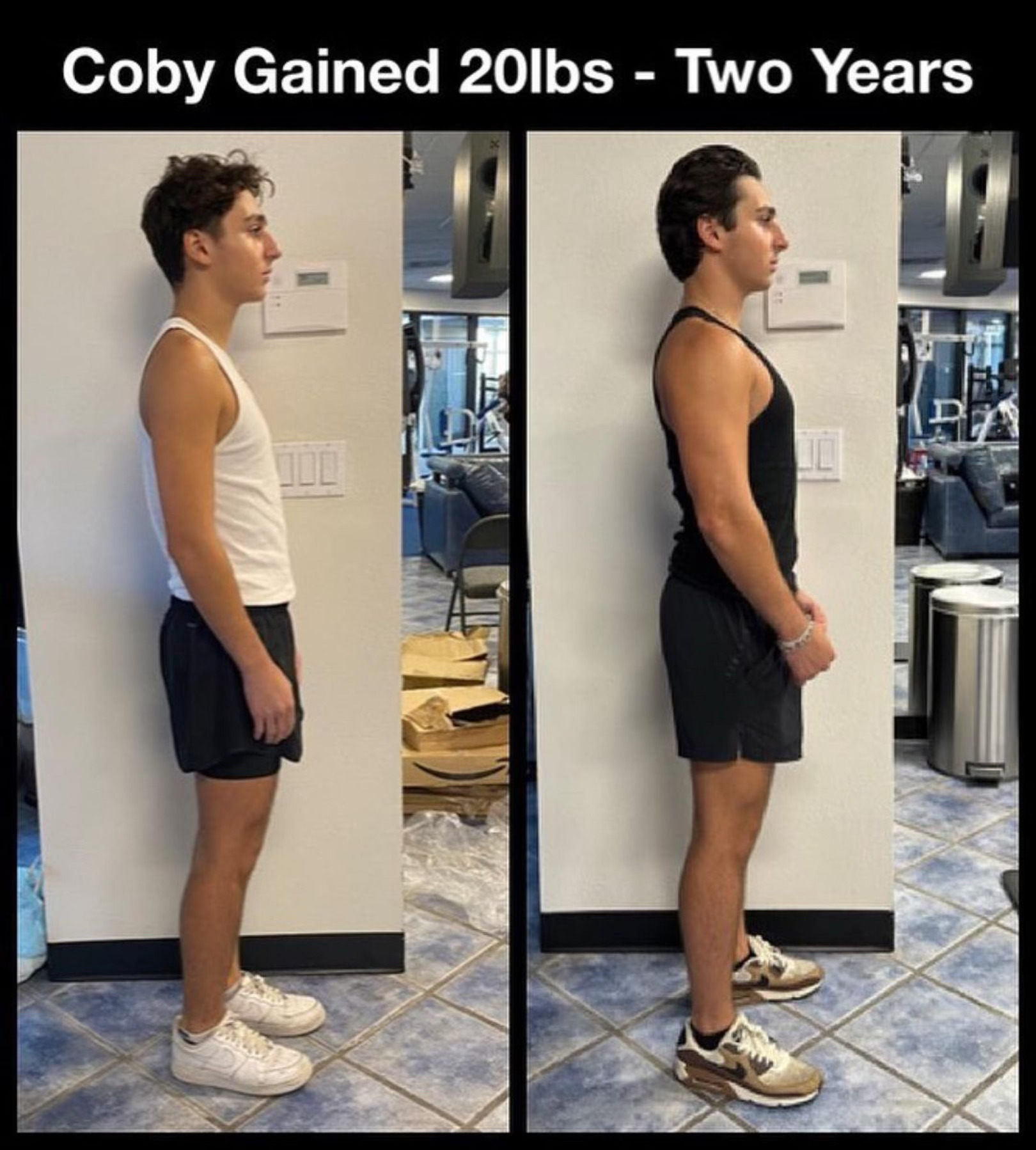 Coby's side-by-side transformation image showing a 20-pound lean muscle gain over two years at The Compound Gym, featuring fitness equipment in the background.