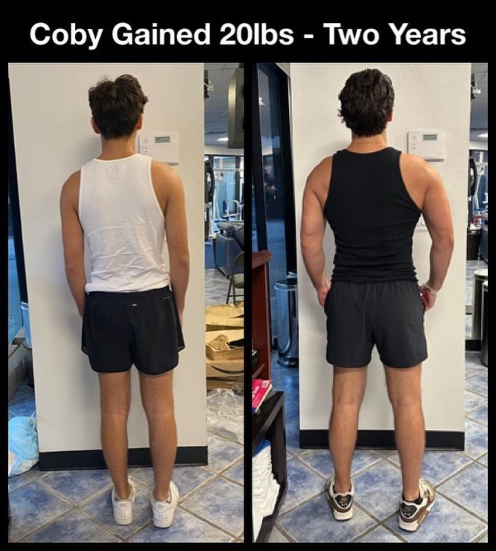 Coby's transformation showing before and after images, gaining 20 pounds of lean muscle over two years, emphasizing the results of structured training and nutrition at The Compound Gym.