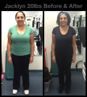 Jacklyn's transformation showcasing 20 lbs weight loss, before and after images, demonstrating fitness progress at The Compound Gym.