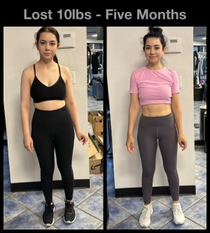 Woman showcasing fitness transformation, lost 10 lbs in five months, before and after images, wearing athletic clothing, demonstrating progress at The Compound Gym.