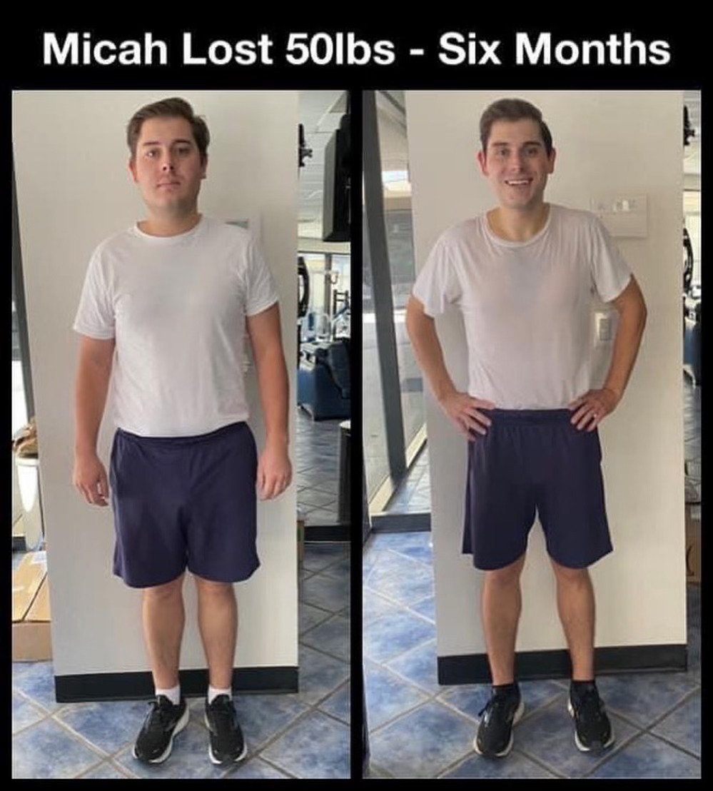 Micah's weight loss transformation, showcasing a before-and-after comparison, highlighting a 50-pound loss over six months at The Compound Gym.