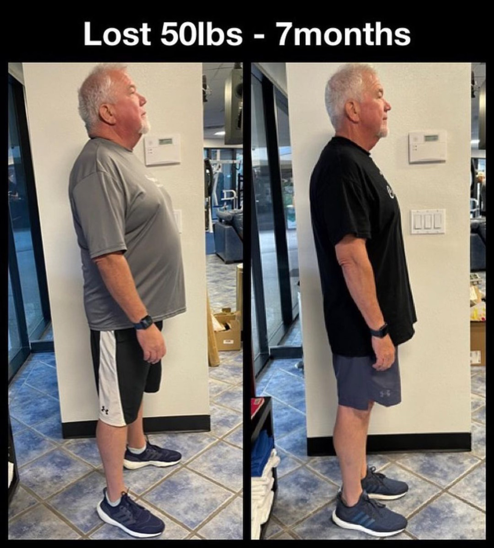 Man's side profile transformation showing significant weight loss of 50 pounds over seven months, before and after images in a gym setting, wearing athletic clothing.
