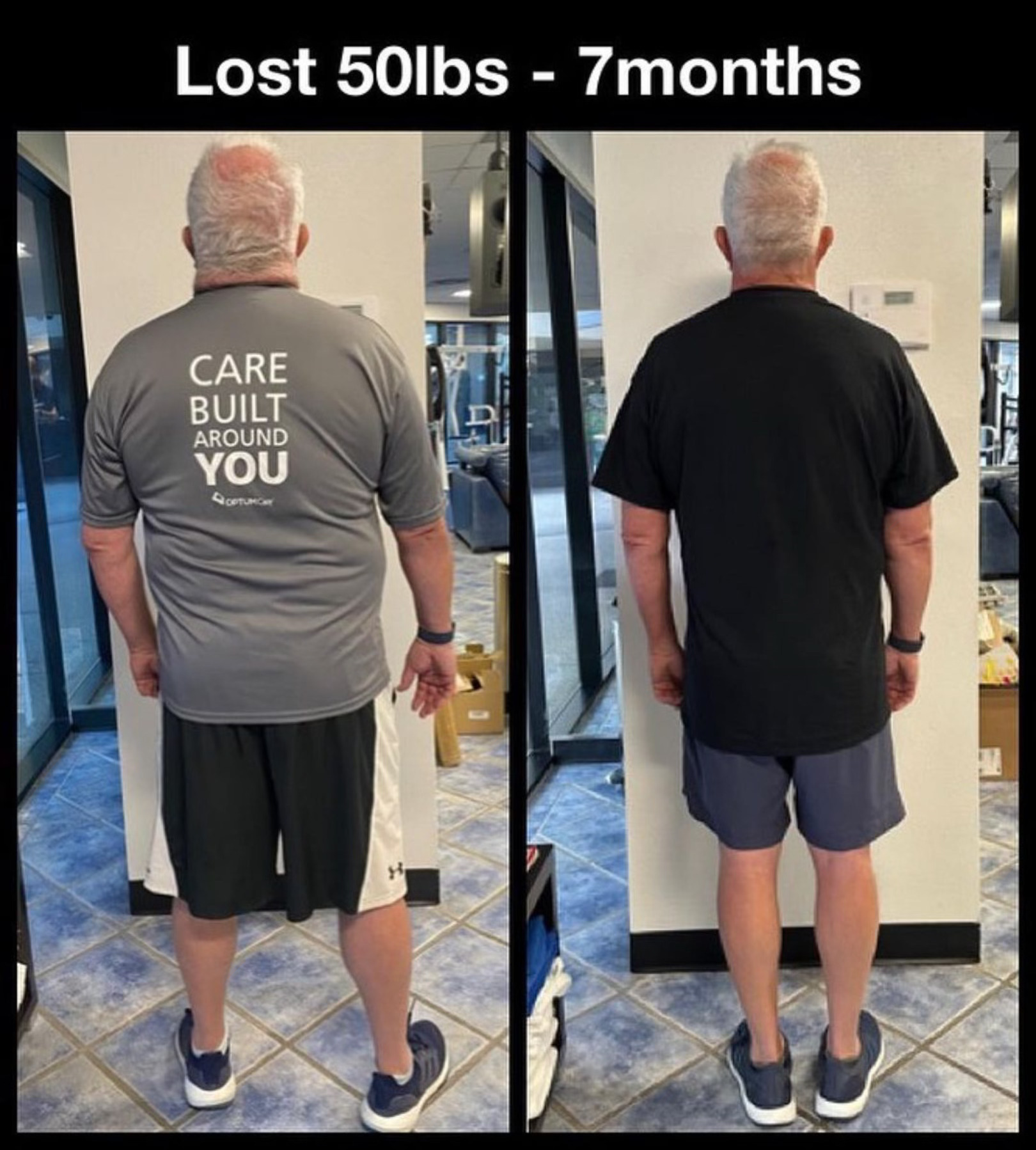 Man showcasing transformation after losing 50 pounds in seven months, wearing contrasting shirts, with text "CARE BUILT AROUND YOU" visible on the back of the gray shirt, set in a gym environment.