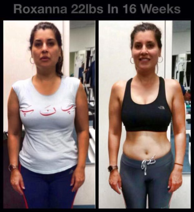 Roxanna's fitness transformation, showcasing a 22-pound weight loss in 16 weeks, with before and after images highlighting her progress at The Compound Gym.