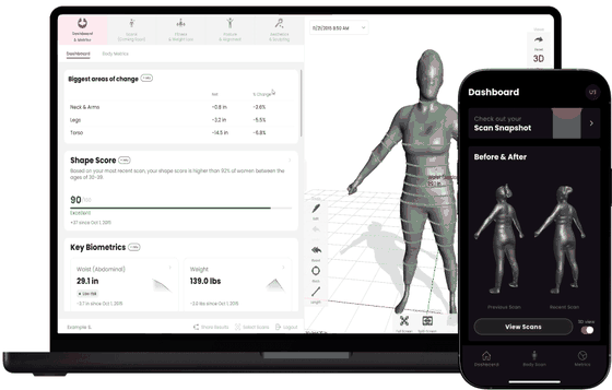 Styku scan results shown on a laptop and a phone: a 3D body model, circumference measurements, before and after views and a body fat category chart